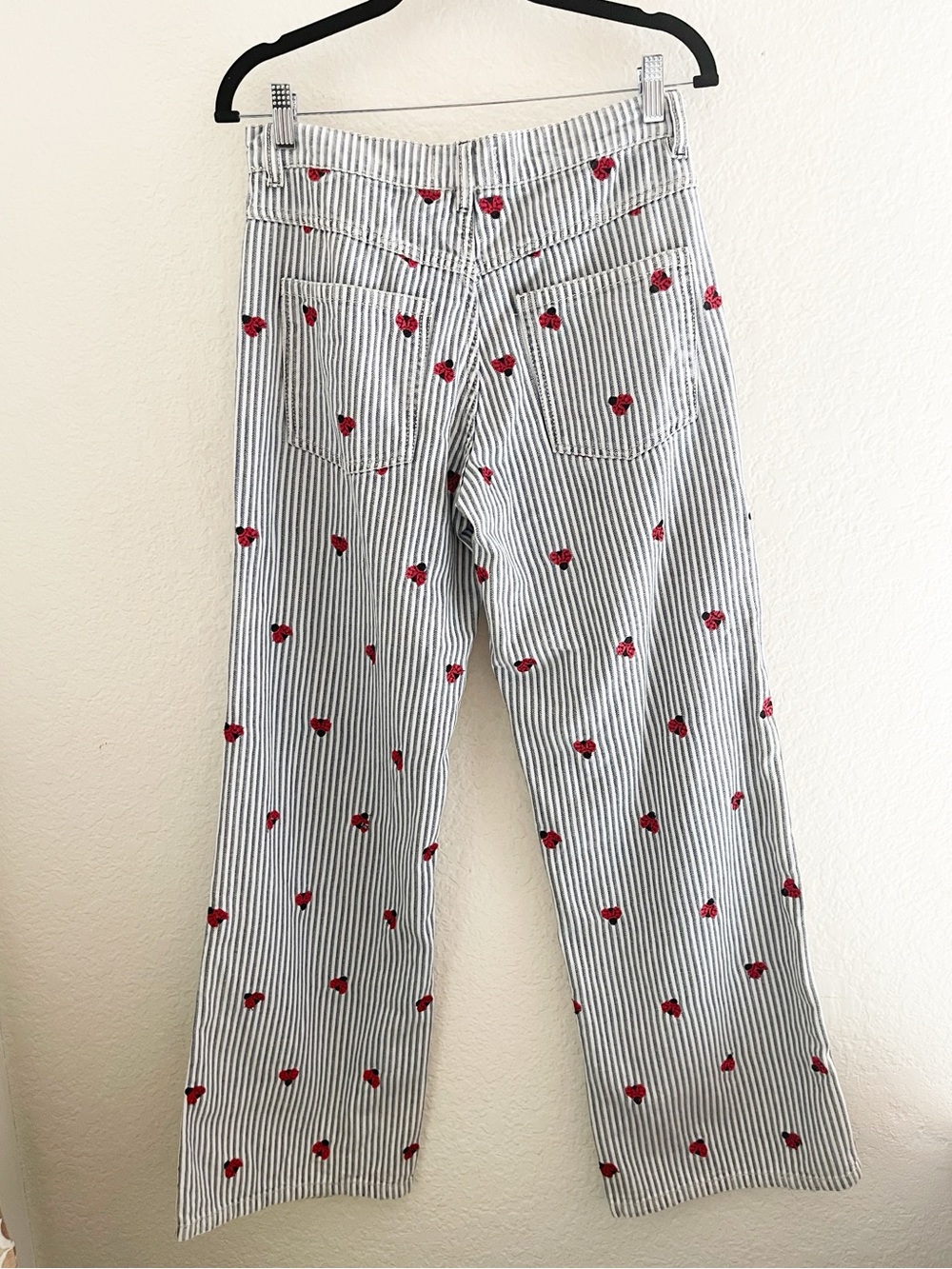 We The Free Free People Bugged out Striped Wide-Leg Jeans with Lady Bug details - Picture 7 of 12